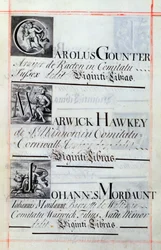 Archivio 3693 f.62 Pagina che elenca tre benefattori del New College, Oxford; Carolus Gounter, Warwick Hawkey e Johannes Mordaunt, da un libro di beneficenza, 16812-84